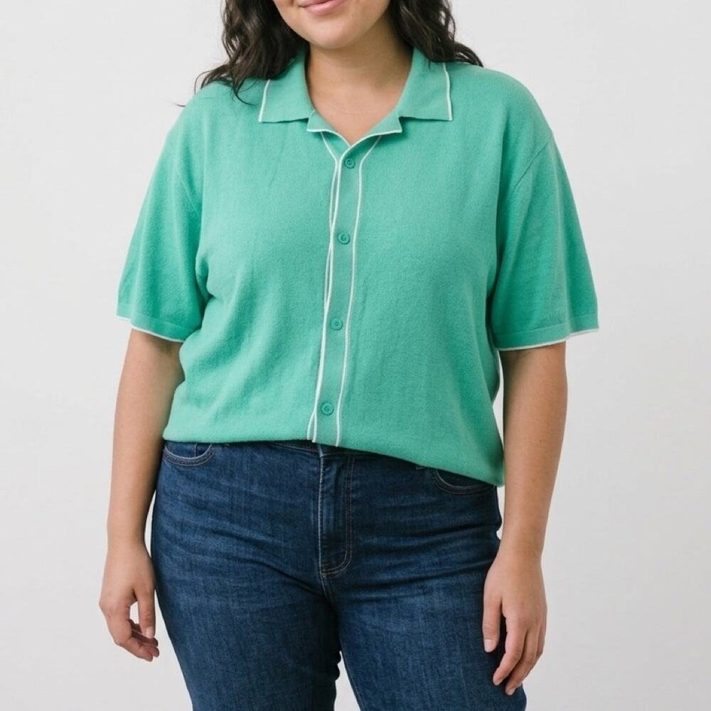 Original Use XXL Turquoise Knit Button Down Polo Shirt White Piping Retr